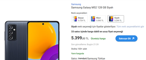 (5200 TL)Samsung Galaxy M52 5G 128 GB (Samsung Türkiye Garantili)