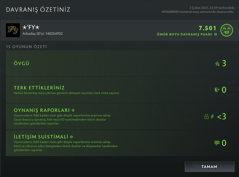 Satılık 2550 MMR 7500 Behavior Score 65 TL