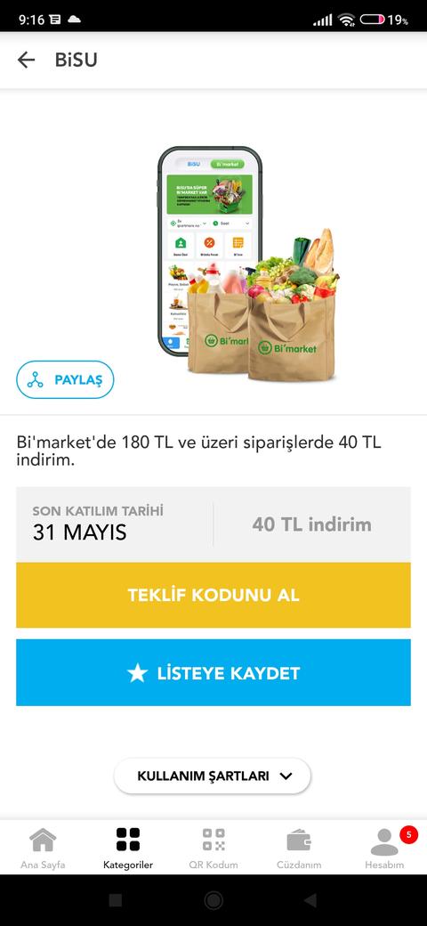 Bi market 180/40 HOPİ indirim kodu