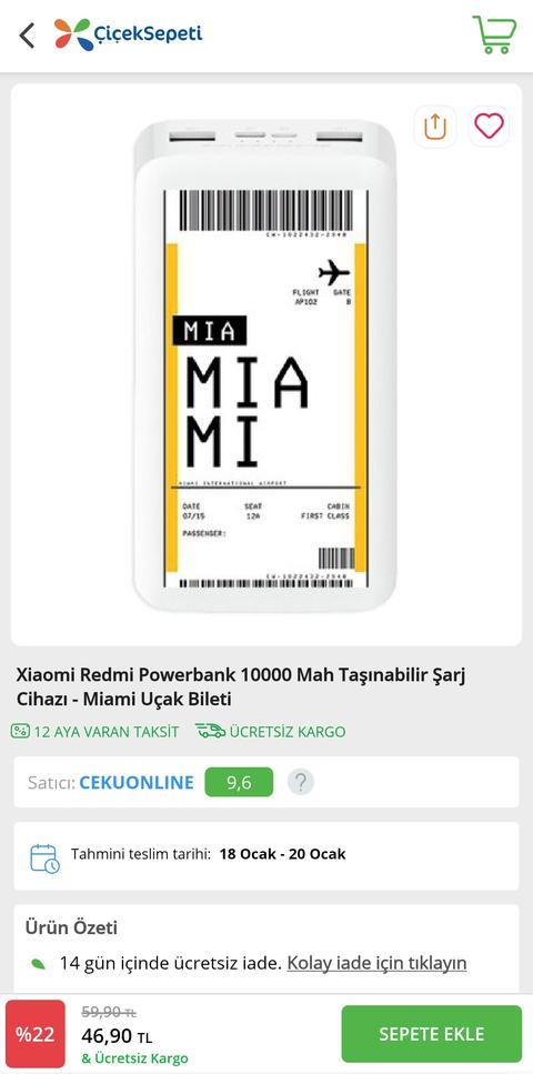 46,9 TL Xiaomi Redmi Powerbank 10000 Mah ücretsiz kargo