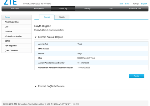 ZXHN H298A V1.0 Root hesabı etkinleştirme