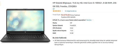 (ßİTTİ )ATEŞ EDİYOR.. HP Laptop 4.079,00 ₺ AMAZON TR 8 GB RAM, 256 GB SSD, Freedos