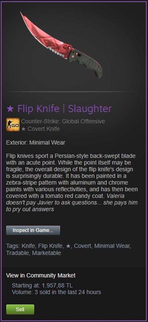 Satılık Itemler (Flip Knife Slaughter, M4A4 Desolate Space, Glock Vogue)