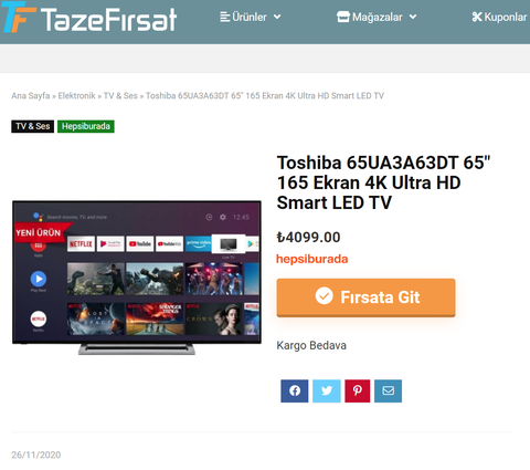 [TÜKENDİ] Toshiba 65UA3A63DT 65" 165 Ekran 4K Ultra HD Smart LED TV - 4099 TL