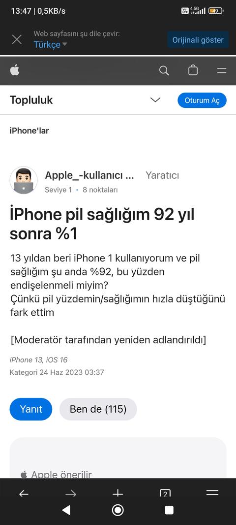 İphone 13 pil sağlığı %95