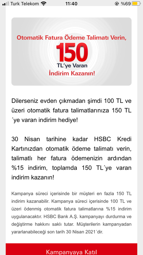 Hsbc 150tl puan (otomatik ödeme talimatı)