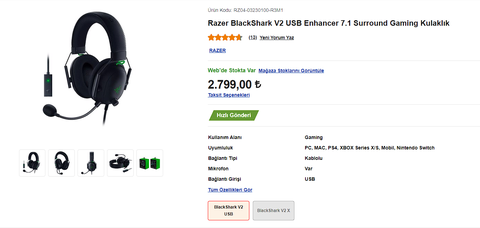 [SATILDI] [Satılık] Razer BlackShark V2 USB Enhancer 7.1 Surround Gaming
