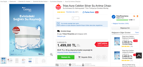 İhlas Aura Cebilon Silver Su Arıtma Cihazı- 1499TL- Ücretsiz Montaj