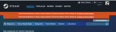 Steam Türkiye Market fiyatlandırması 20 kasımda dolara geçiyor