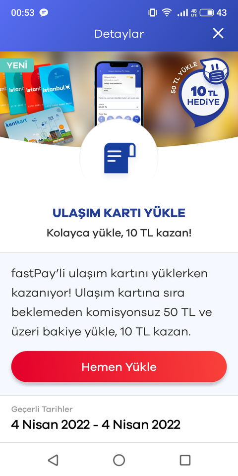 FastPay Ulaşım kartı yüklemesi 50/10 TL