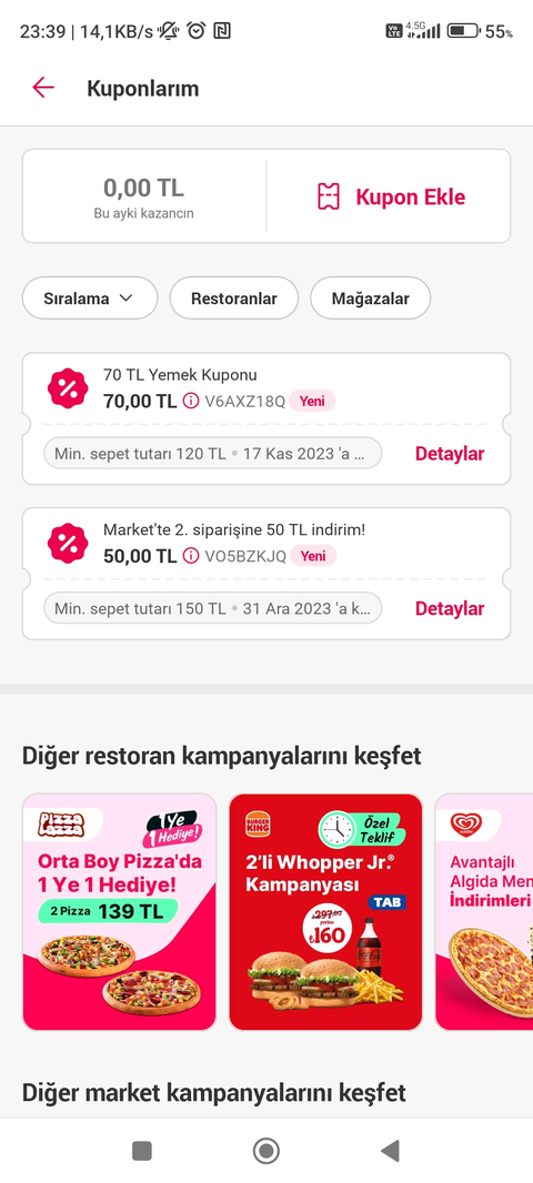 Yemek Sepeti 180 100 TL İndirim Tanımlamış