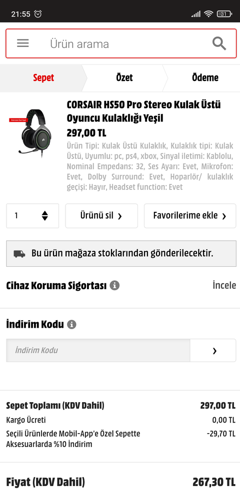 CORSAIR HS50 Pro Mobil Yeşil 297TL, MediaMarkt Uygulama ile 267TL