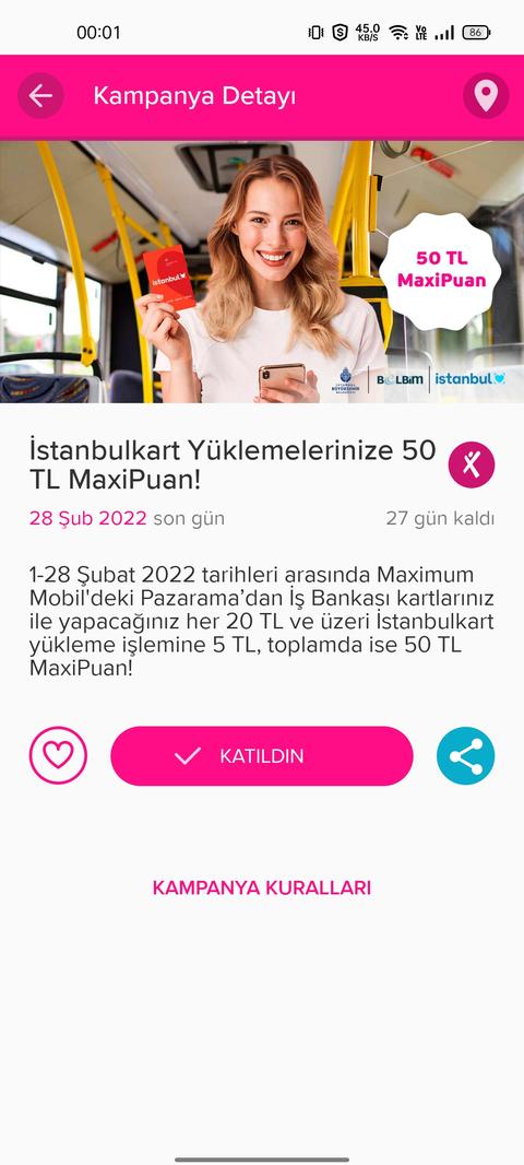 Maximum İstanbulKart 20/5 Toplamda 50₺ Maxipuan