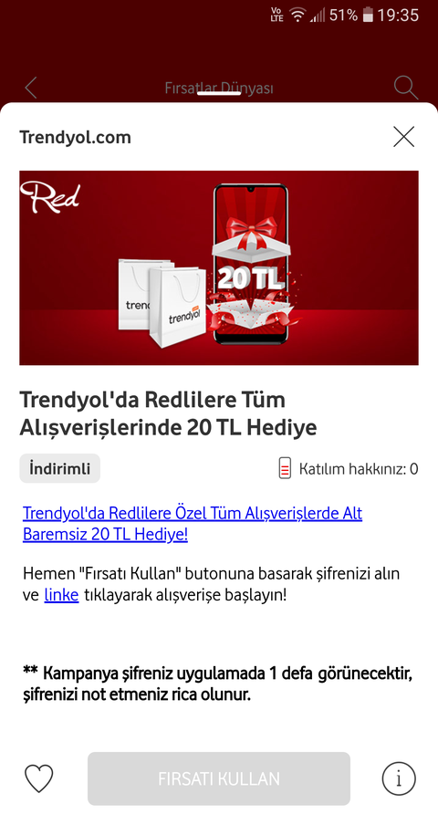 Vodafone Red Trendyol alt limitsiz 20 tl indirim