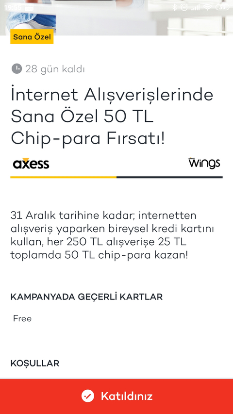 Kişiye özel her 250 harcamaya 25 chip toplamda 50 chip para