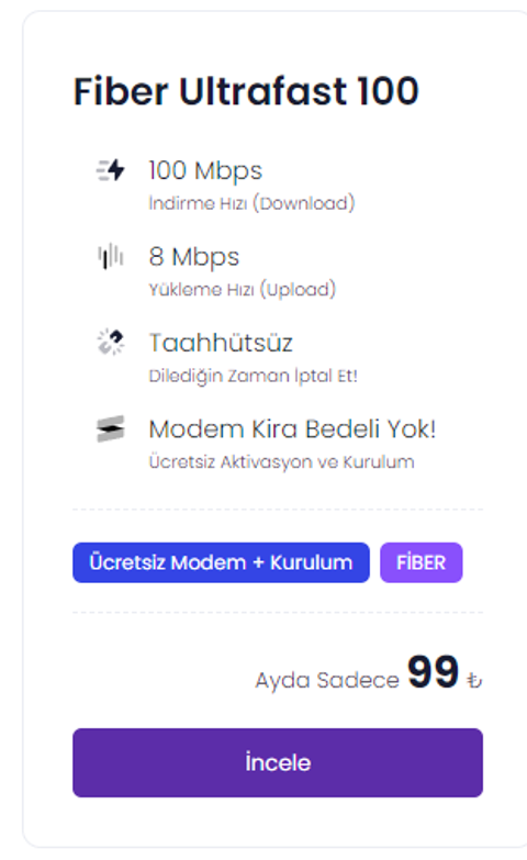 İnternet Kutusu Fiber/Vdsl/Adsl Taahhütsüz (100 Mbps 99,90 / 250 Mbps 159,90 TL )