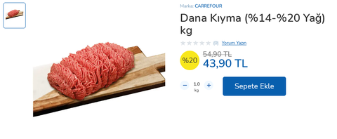 Dana Kıyma (%14-%20 Yağ) KG 43,90 TL (Carrefoursa)