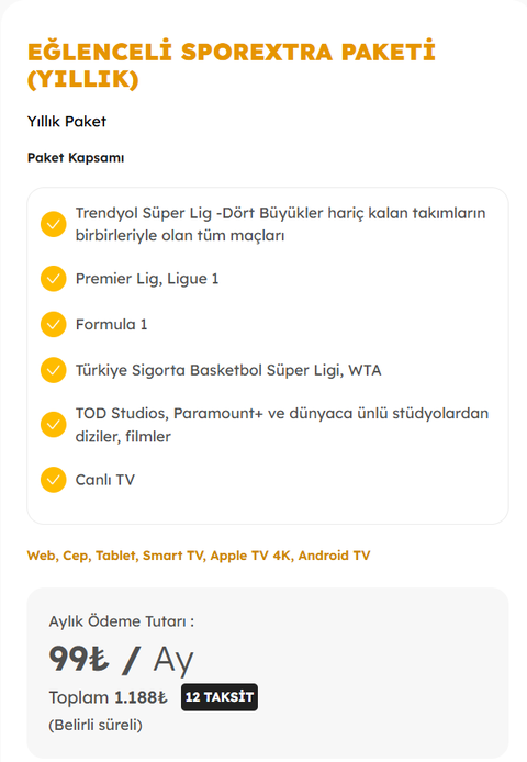 TOD Eğlenceli Sporextra Paketi Aylık 99 TL (Yıllık 1.188 TL)