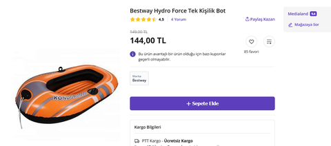 (N11) 400 TL'lik Şişme Bot 144 TL Kargo Dahil