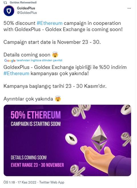 GoldexPlus 50% Ethereum Kampanyasını Başlatacağını Duyurdu!