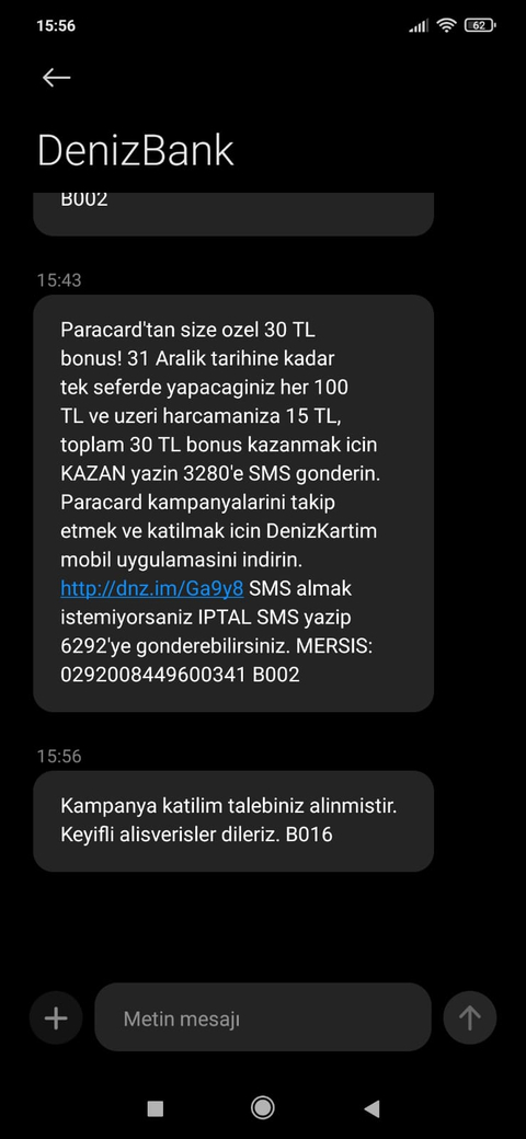 Denizbank Paracard 30 TL Bonus