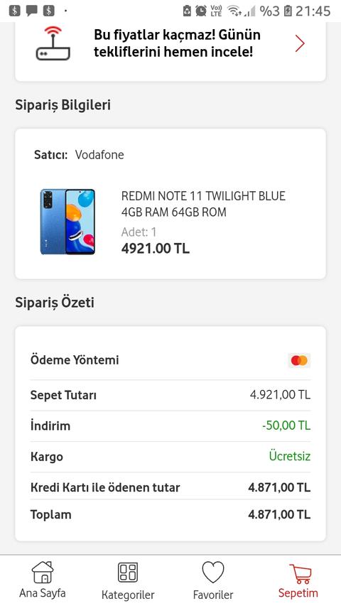 Redmi note 11 64 gb  rom 4 gb ram 4921 tl vodafone yanımda. Stok bitmiş