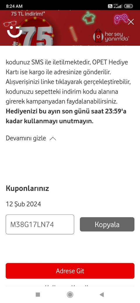 Vodafone yanımda indirim kodları 75/200 ve uçak bileti 175 TL indirim