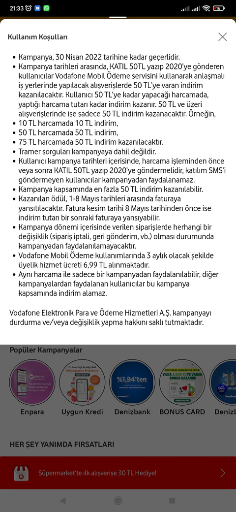 Vodefone faturaya yansıt alt limitsiz 50TL