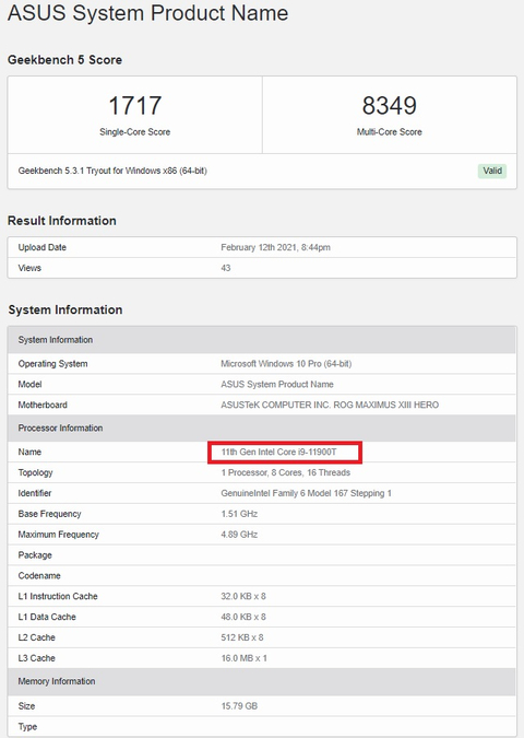 Core i9-11900T ortaya çıktı: Tek çekirdekte Core i7-11700 ile eşleşiyor