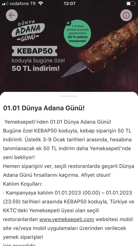 Yemek sepeti 100 TL ye 50 TL indirim kebap salonlarında