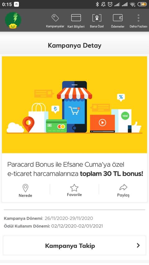 Paracard Bonus e ticaret her 75e 5 toplam 30 TL Bonus