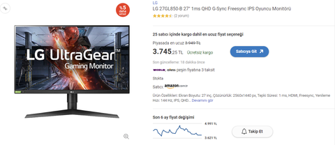 LG 27GL850: 27'', UltraGear, NanoIPS, QHD, 1ms, 144HZ, ## 3745TL Amazon -stok bitti