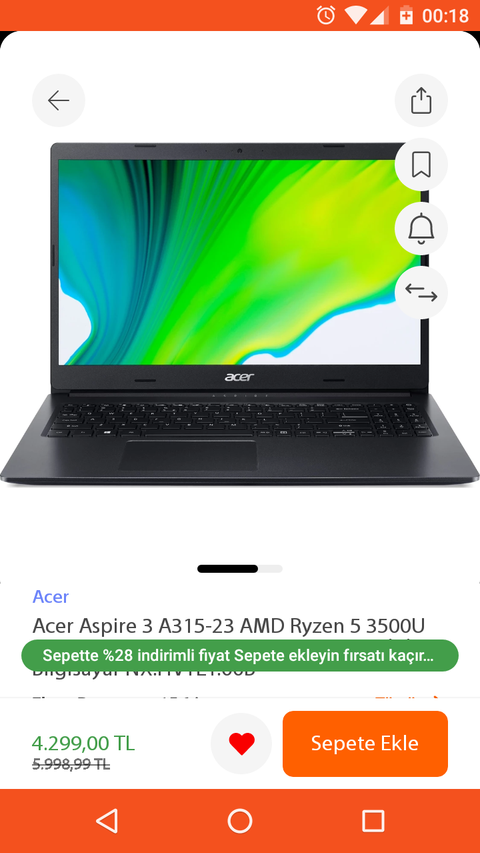 Acer Aspire 3 A315-23 AMD Ryzen 5 3500U 8GB 256 4299₺ HepsiburadaGB SSD Linux 15.6" FHD