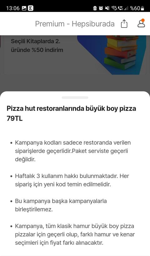 Hepsiburada Premium ile Pizza Hut'ta Büyük Boy Pizzalar 70 TL