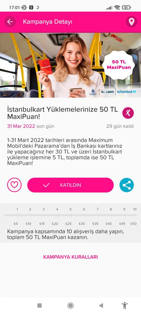 İsbankasi İstanbulkart 30/5 Toplam 50.Tl