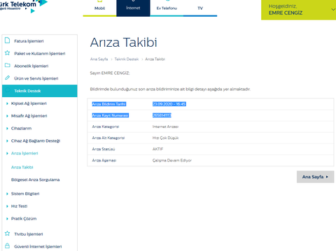 23/09/2020 tarihinden beri Türk Telekom fiber internetim arızalı  0,10mbit hıza 140 tl ödemek!!