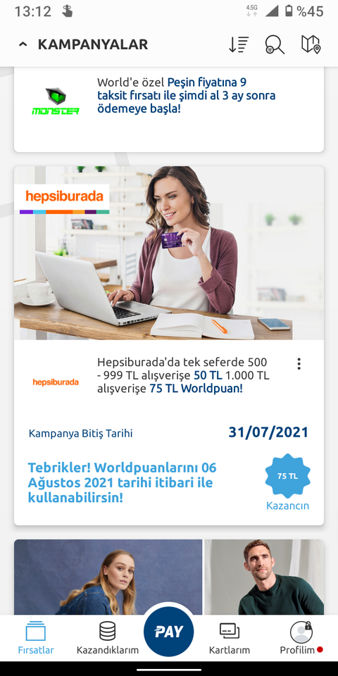 Kombo>Hepsiburada world pay ile 500e 75, 1000e 100 puan ve hb de 75e kadar puan