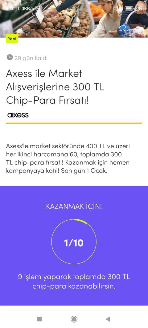 Axess markette 300 TL chip-para
