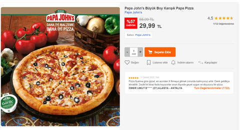 ( BİTTİ ) HB / Papa John's Büyük Boy Karışık Papa Pizza 29,99 TL