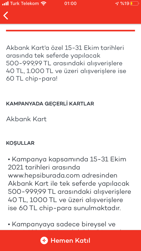 Akbank Kart Hepsiburada 60 TL ye Varan Chippara!