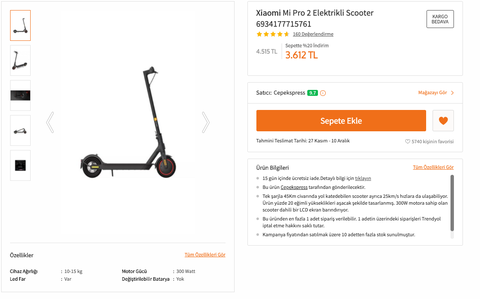 xiaomi mi scooter pro 2 3612 TL essential 2088 TL