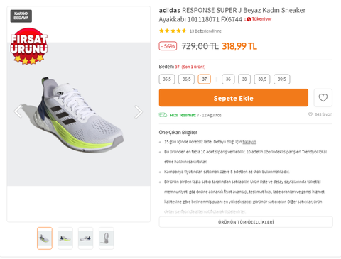 Adidas Response Super Kadın Spor Ayakkabı FX6744 / Trendyol / 319 TL