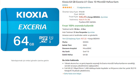 Kioxia 64 GB Exceria Microsd ₺46,49 & Kargo BEDAVA