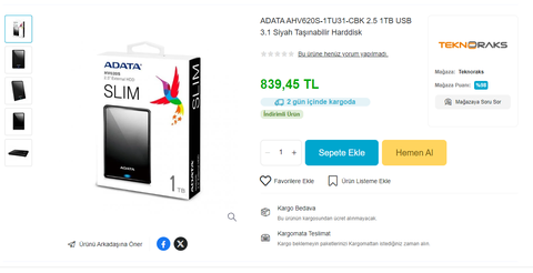 ADATA AHV620S-1TU31-CBK 2.5 1TB USB 3.1 Siyah Taşınabilir Harddisk - 839,45 TL