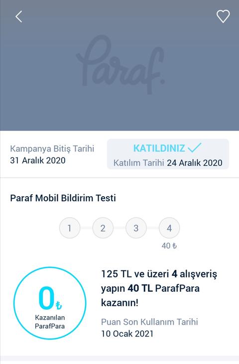 Paraf Mobil Bildirim Testi 4x125 TL Alışverişe 40 TL ParafPuan