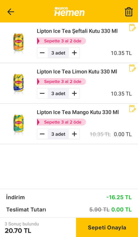 Migros Hemen Lipton Soğuk Çay Teneke 3 Al 2 Öde (Yarın Son)