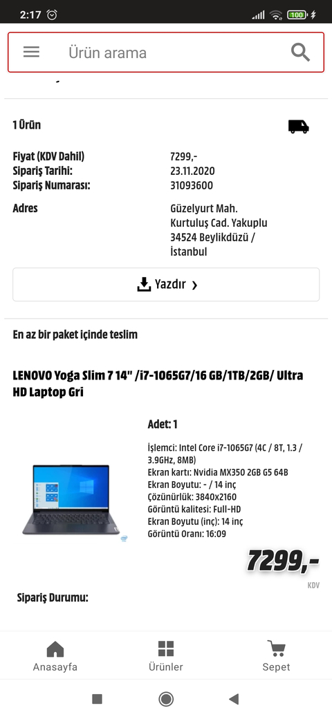 LENOVO Yoga Slim 7 14" /i7-1065G7/16 GB/1TB/2GB/ Ultra HD Laptop 7299 TL