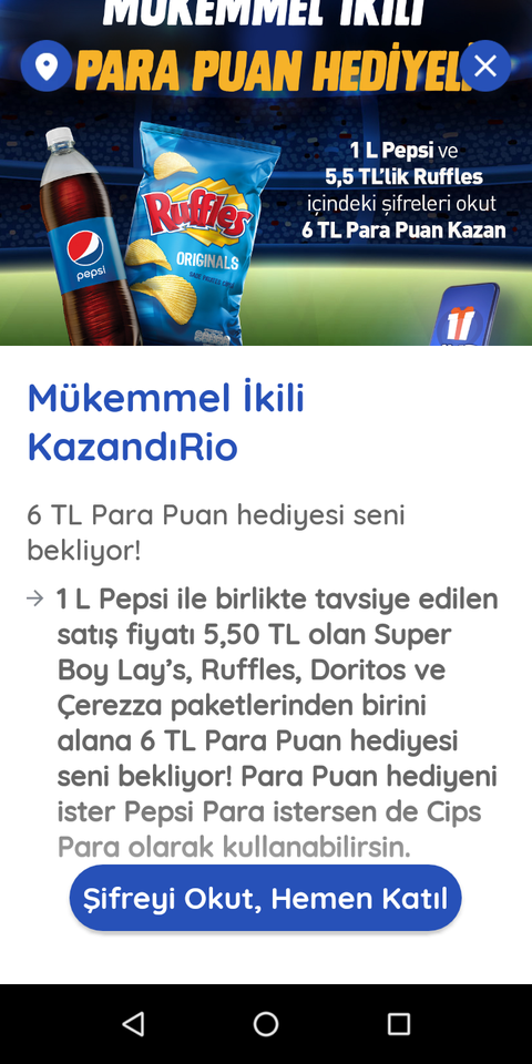 5,50 liralık şifresi+1 lt Pepsi şifresine 6 lira kazandırio puan