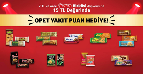 Çek Kazan/7 TL değerinde Ülker Çikolata, Bisküvi, Kek, Sakız, Şeker, Kek alışverişine 15 TL Yakıt