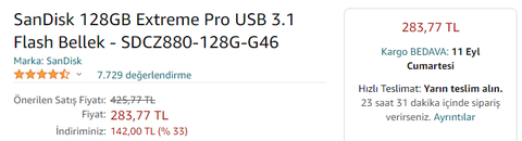 SanDisk 128GB Extreme Pro USB Bellek 514 TL